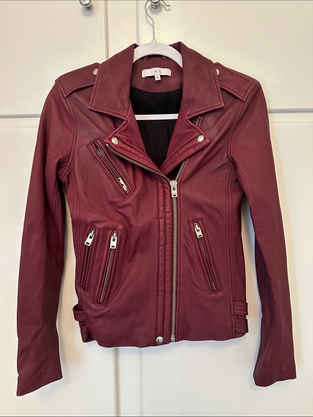 EUC IRO Maroon Red Leather Motorcycle Jacket Silver Trim